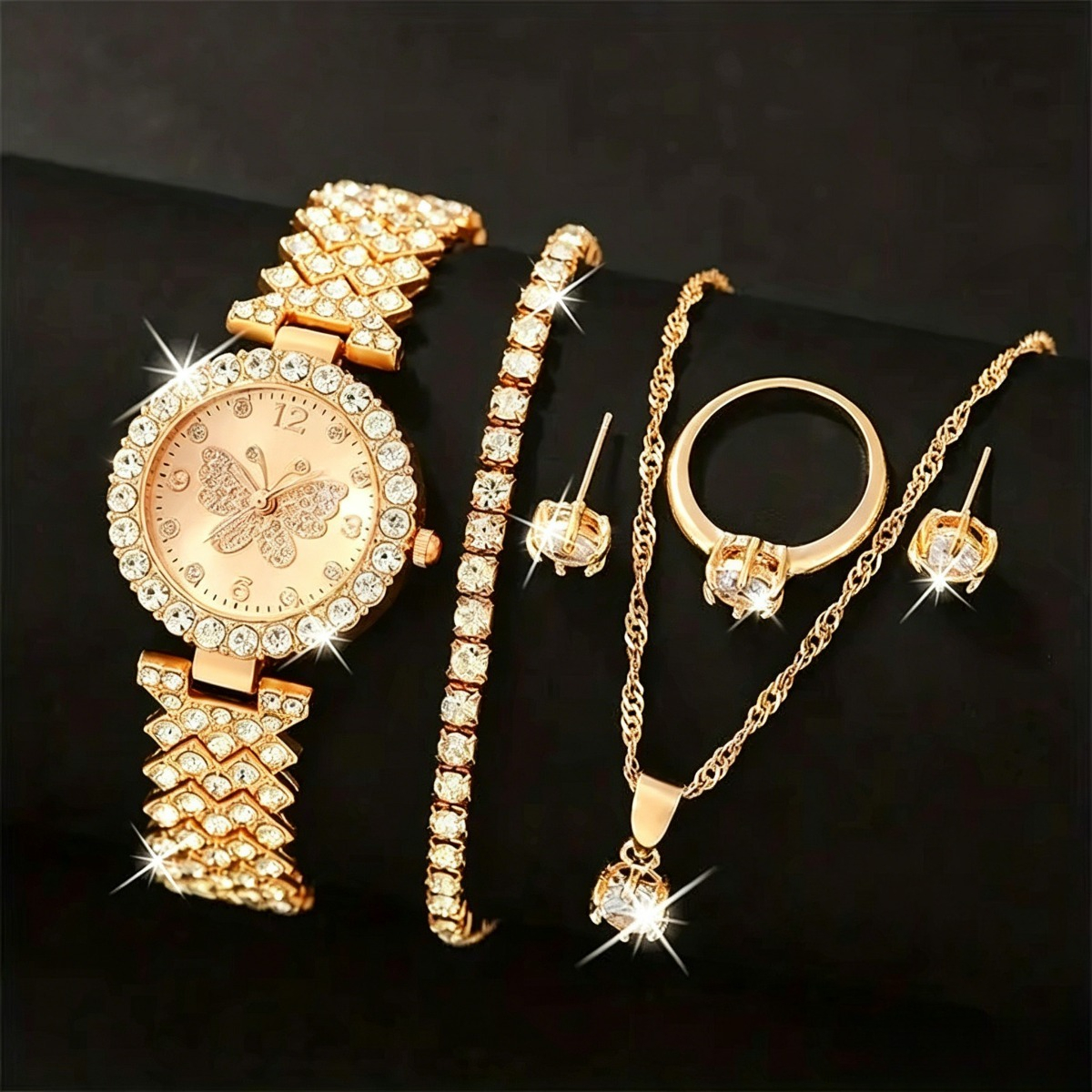 Jewelry Box Watches Bracelets - 6PCS/Set Luxury Rhinestone Butterfly Women Quartz
