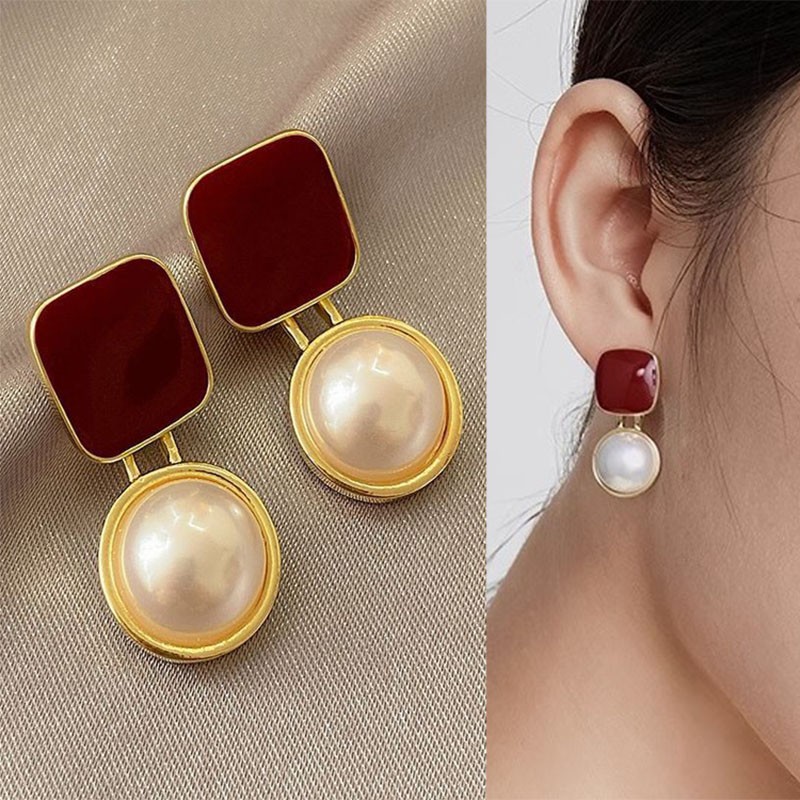 Pearl Stud Earrings - 925 Silver Needle Vintage Red Blue