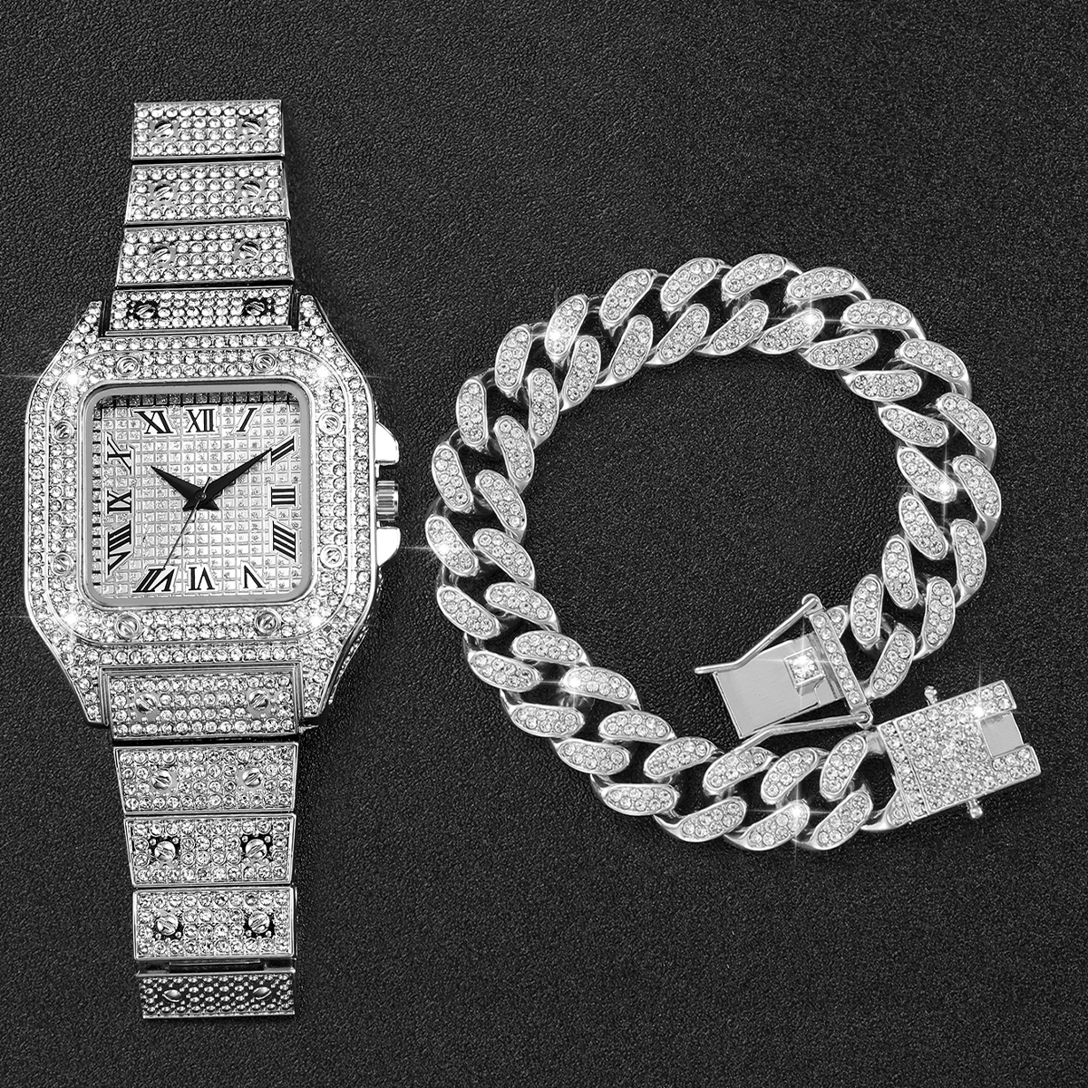 2PCS Iced Out Square Watch & C - Mystery Jewelry Jar Watches のレビューと価格